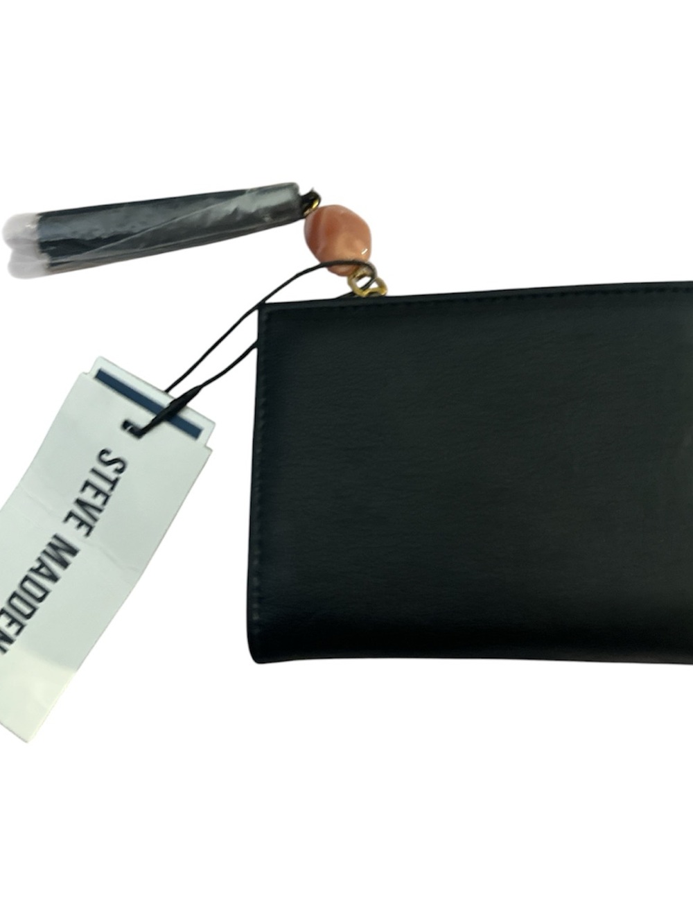 NWT Steve Madden Black leather wallet  with Tassel and Bead gold acc zip pocket
